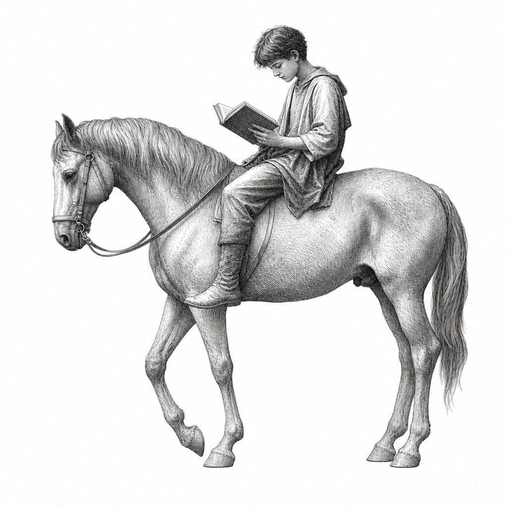 Detailed pen-and-ink drawing of a young person reading a book while seated on a horse.