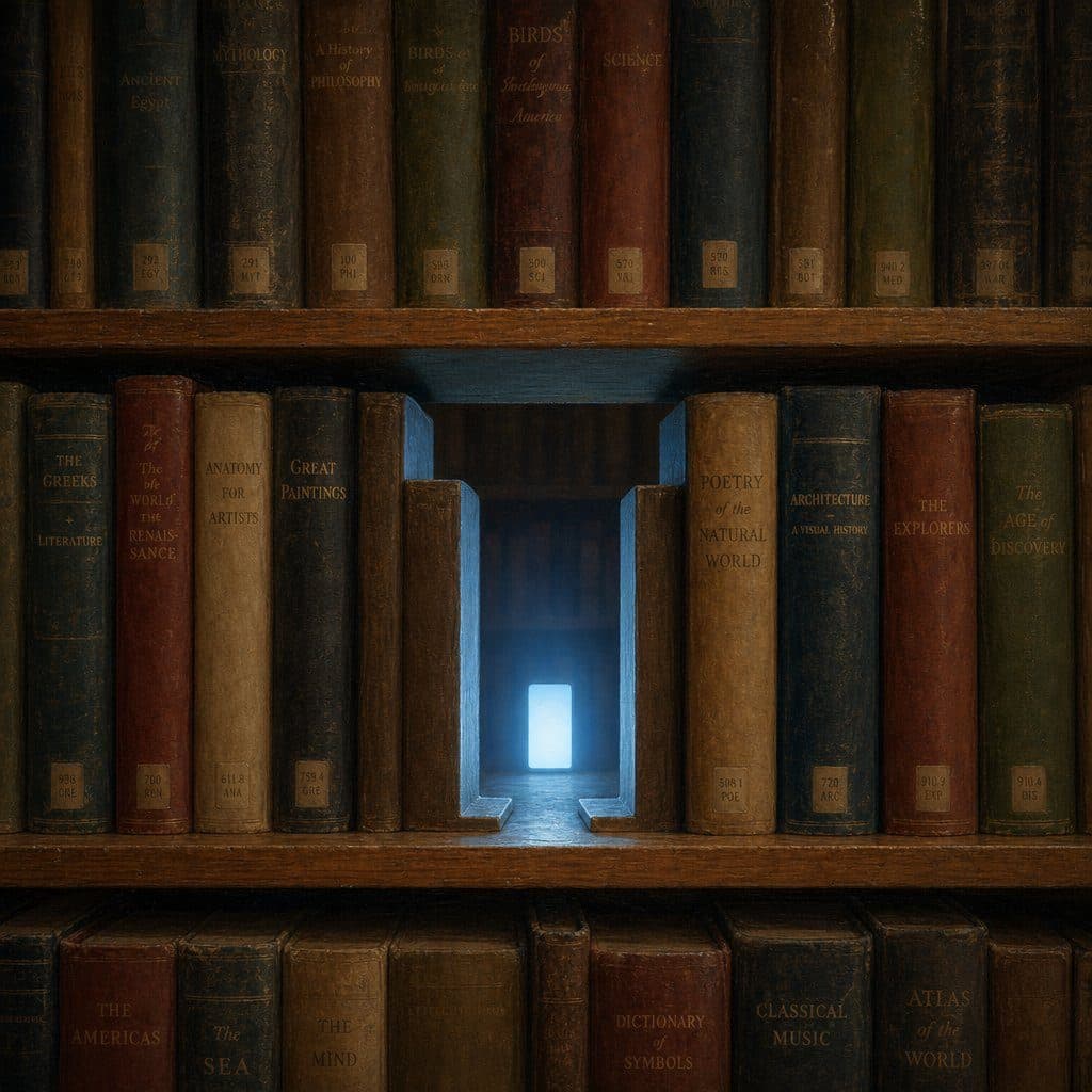 Bookshelf where books part to reveal a glowing doorway leading into a dark passage with bright light.