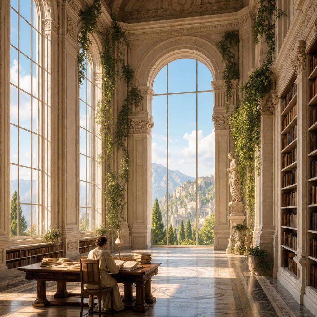 Person reads at a wooden table in a grand marble library with tall arched windows overlooking mountains.