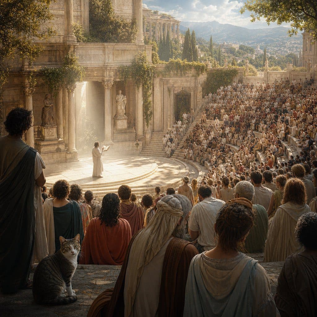 Robed crowd in an ancient amphitheater watches a speaker on stage; a tabby cat sits in front.